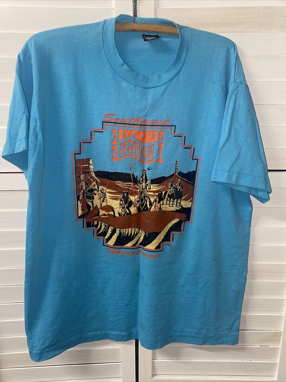 1991 New Mexico State Fair Blue Screen Print Cotton T-Shirt Southwest X-Large
